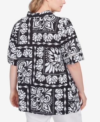 Plus Size Lotus Patchwork Button Front Camp Shirt