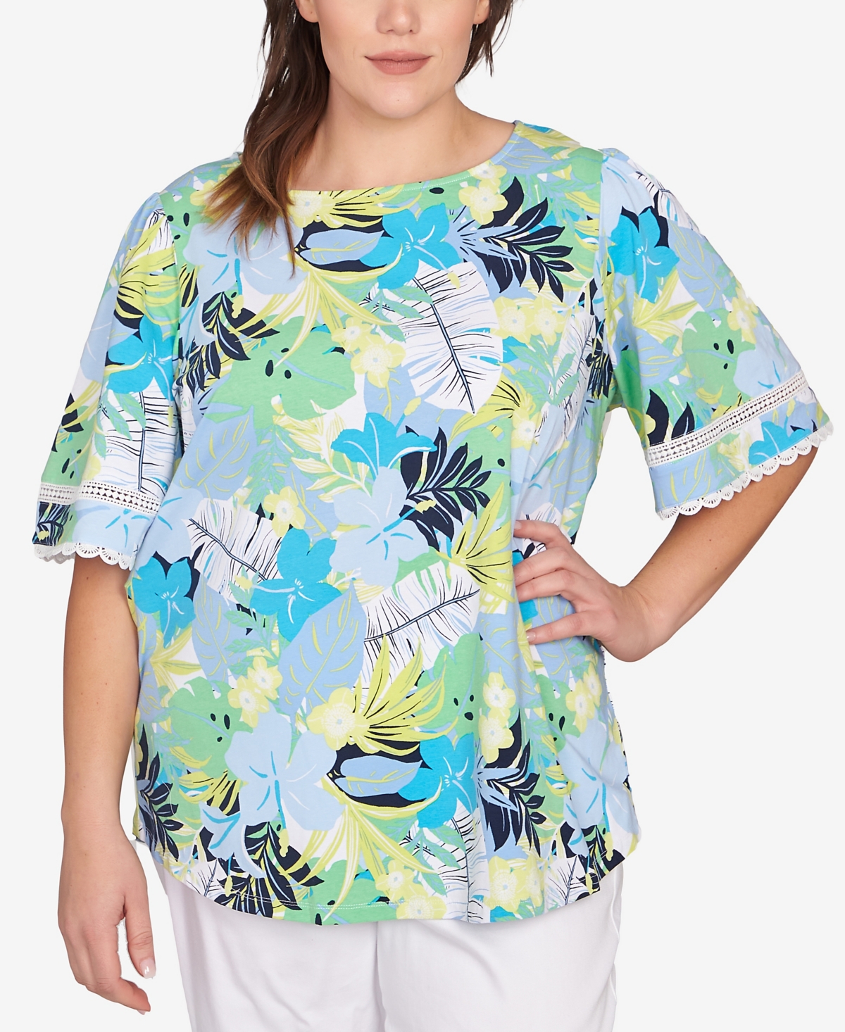 Plus Size Tropical Layered Print Top - Chambray Blue Multi
