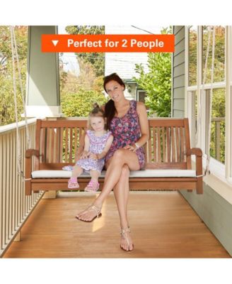 2-Person Hanging Porch Swing Wood Bench with Cushion Curved Back