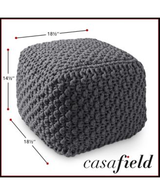 Square Pouf Ottoman, Light Gray - 18.5" W x 18.5" D x 14.5" H Cotton Knit Foot Stool - Boho Floor Pouffe for Living Room