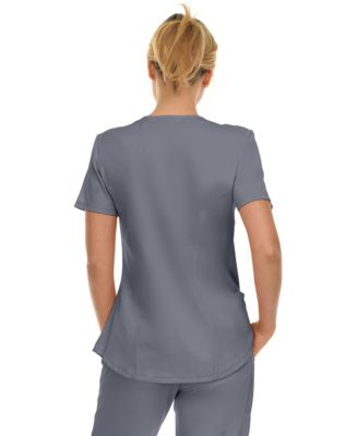 Women's Scrubs V-Neck Notch Fashion Stretch Scrub Top with Two Pockets, Flex Easy Care Fabric, Bubble Gum, Large