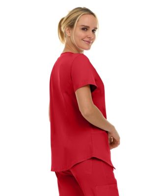 Women's Scrubs V-Neck Notch Fashion Stretch Scrub Top with Two Pockets, Flex Easy Care Fabric, Bubble Gum, Large