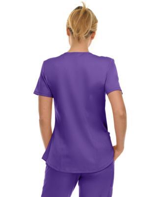 Women's Scrubs V-Neck Notch Fashion Stretch Scrub Top with Two Pockets, Flex Easy Care Fabric, Bubble Gum, Large
