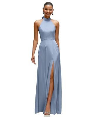 Women's Band Collar Halter Open Back Fluid Satin Maxi Dress with Self-Tie Bow