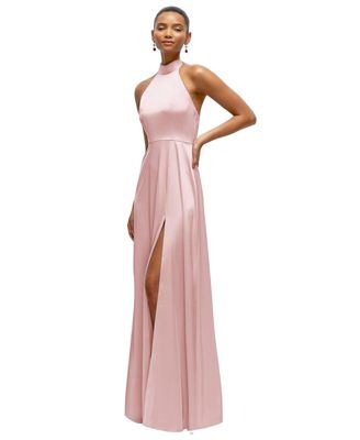 Women's Band Collar Halter Open Back Fluid Satin Maxi Dress with Self-Tie Bow