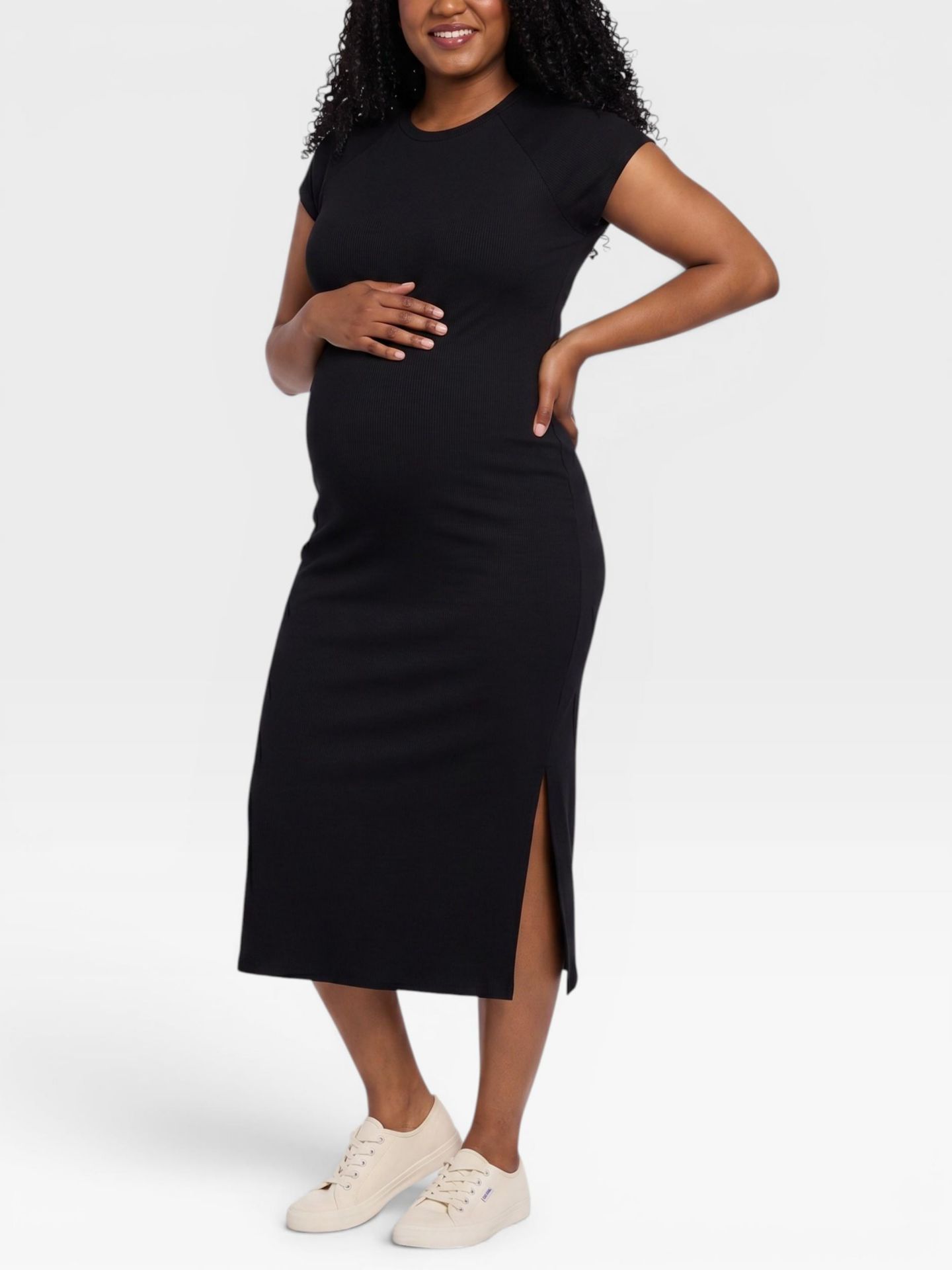 Женское платье Motherhood Maternity Rib Knit Short Sleeve Raglan Midi Dress - Motherhood, цвет: Чёрный — фото 3