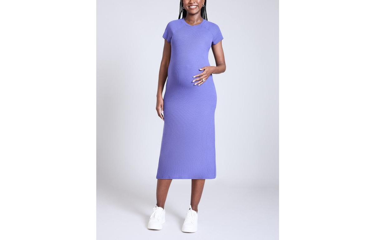 Maternity Rib Knit Short Sleeve Raglan Midi Dress - Motherhood - Peacoat  white stripe