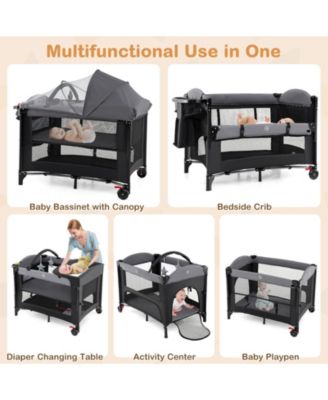 Kids Foldable Bassinet with 4-Level Adjustable Changing Table & Plush Mattress