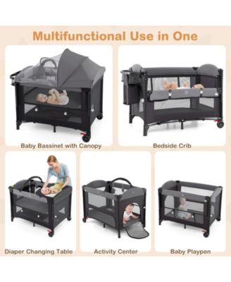 Kids Foldable Bassinet with 4-Level Adjustable Changing Table & Plush Mattress