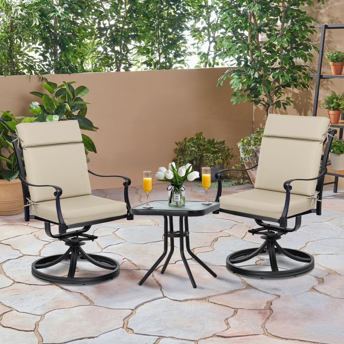 Aoodor 2Pcs Outdoor High Back Dining Chair Cushion Set, Fade and Water Resistant Polyester Fabric Cover with Ties Zipper, 20'' × 37''