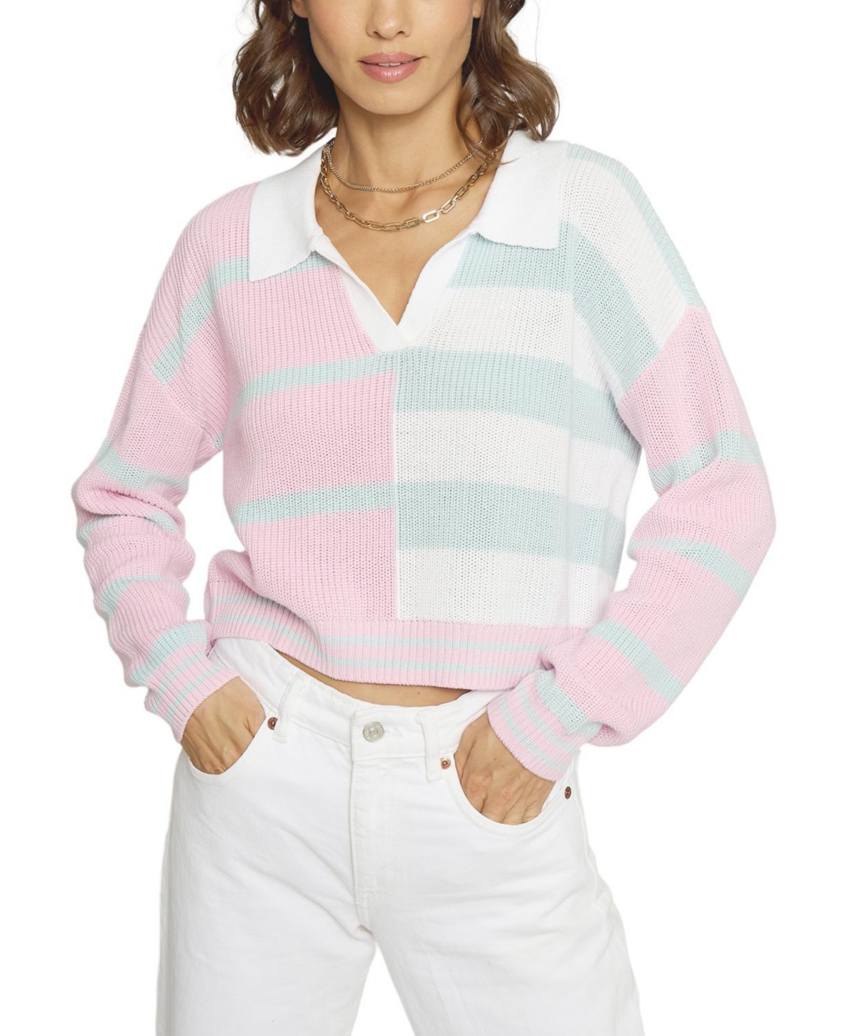 Women's Colorblock Cropped Stripe Polo - Pink