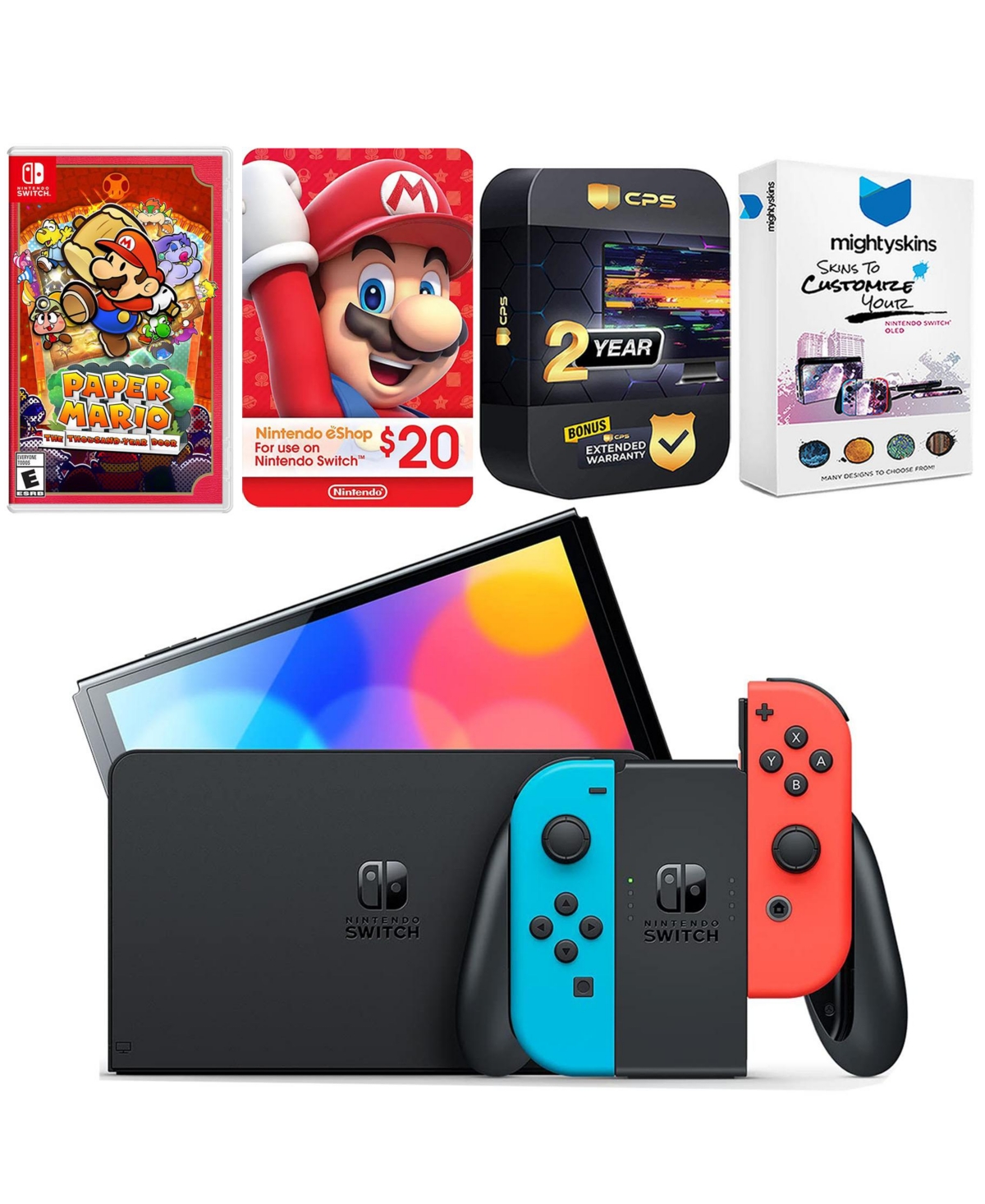 Nintendo Switch Neon Red & Blue Oled Console with Paper Mario: the Thousand Year Door, Nintendo $20 eShop Gift Card