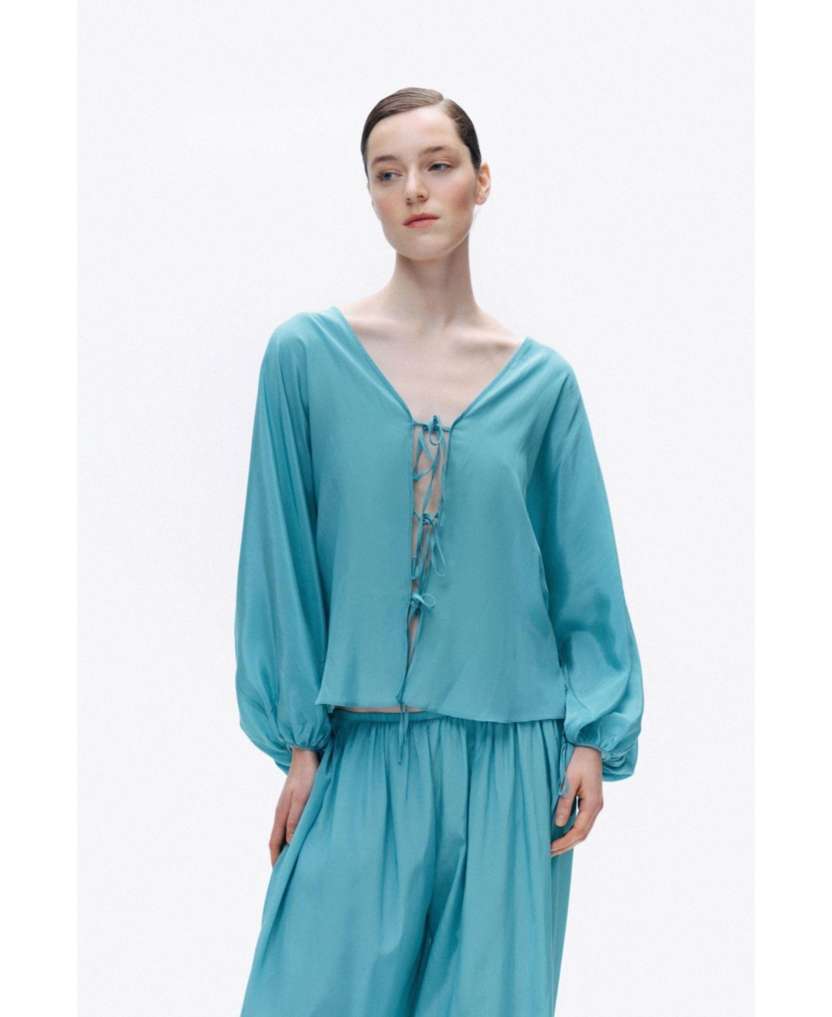 Women's Beaded Embroidered Shirt - Turquoise/aqua