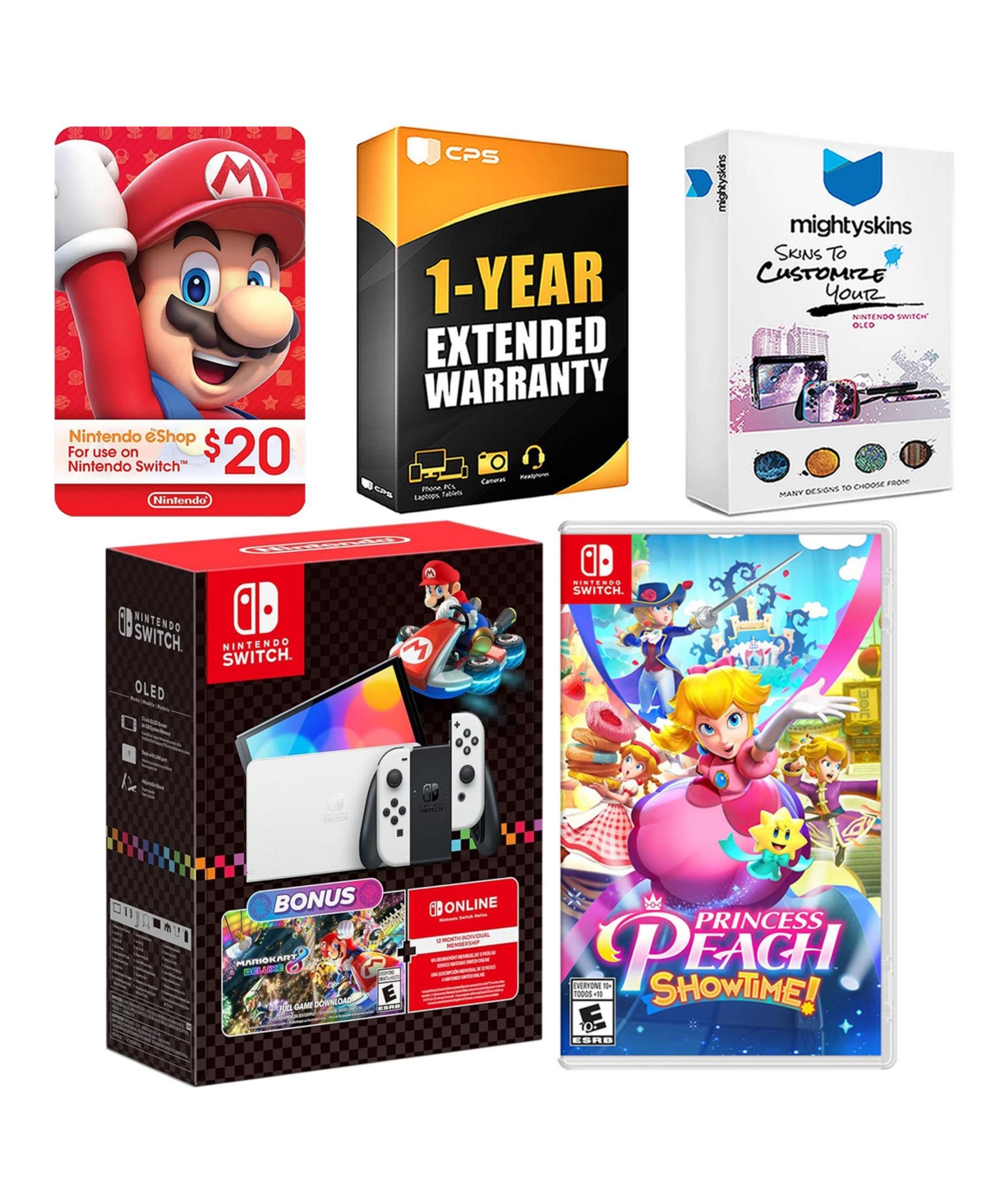 Nintendo Switch Oled Console Mario Kart 8 Bundle with Princess Peach: Showtime!, Nintendo $20 eShop Gift Card, MightySkins Console and Controller Skin