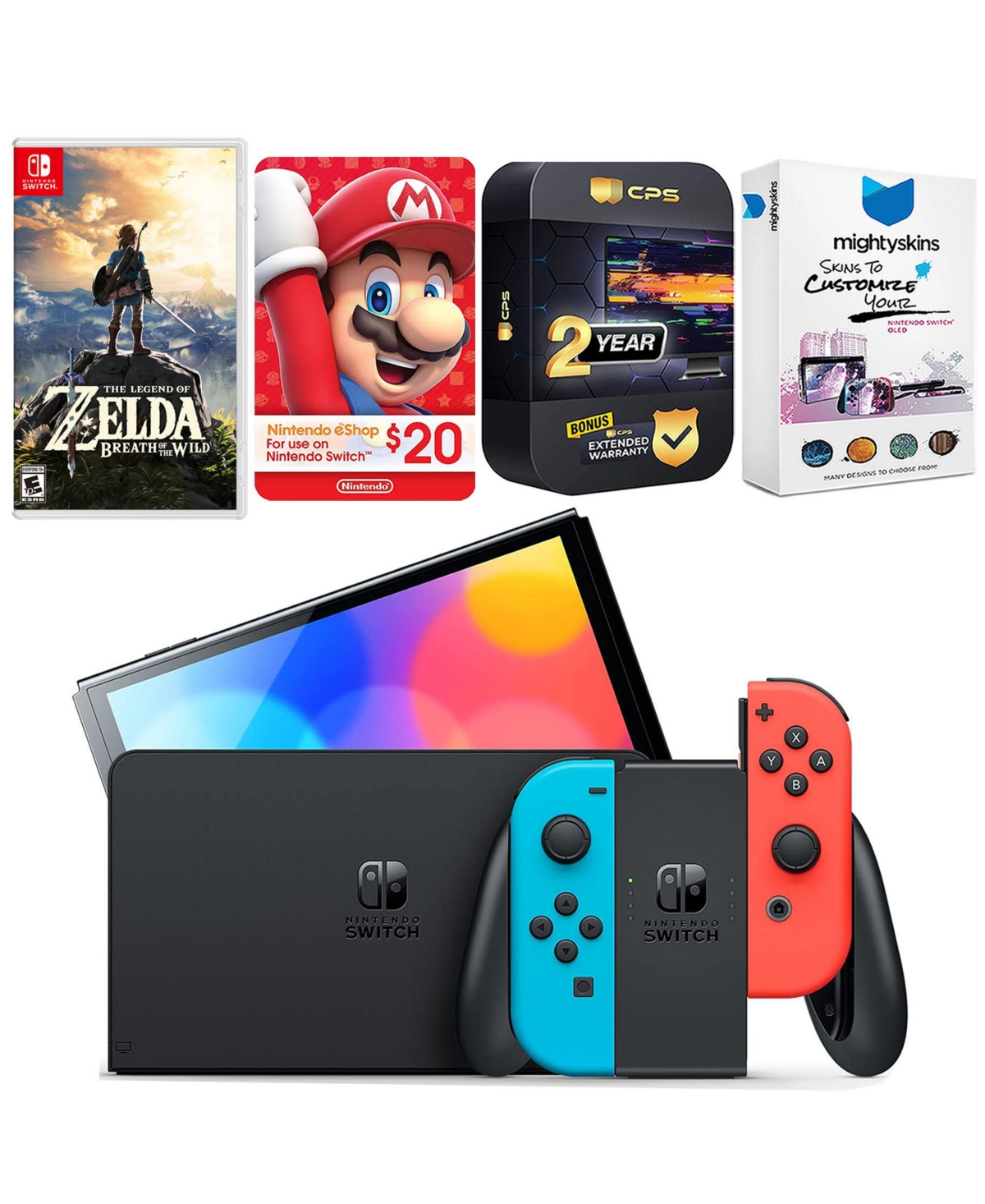 Nintendo Switch Neon Red & Blue Oled Console with Legend of Zelda Breath of the Wild, Nintendo $20 eShop Gift Card