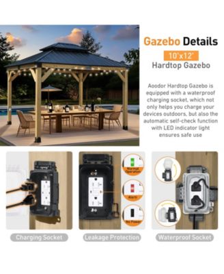 10 x 12 ft Wooden Frame Gazebo with 2-Tier Galvanized Metal Hardtop Roof, Outdoor Patio Gazebo with Charging Socket