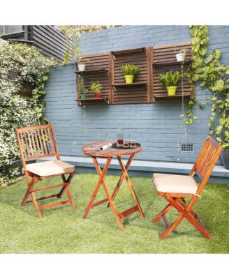 3PCS Folding Acacia Wood Bistro Set Patio Conversation Set w/ Cushions
