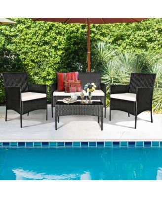 4PCS Patio Rattan Conversation Set Outdoor Furniture Set w/ Cushion