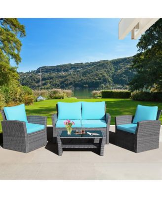 4PCS Patio Rattan Conversation Set Outdoor Furniture Set w/ Turquoise Cushions