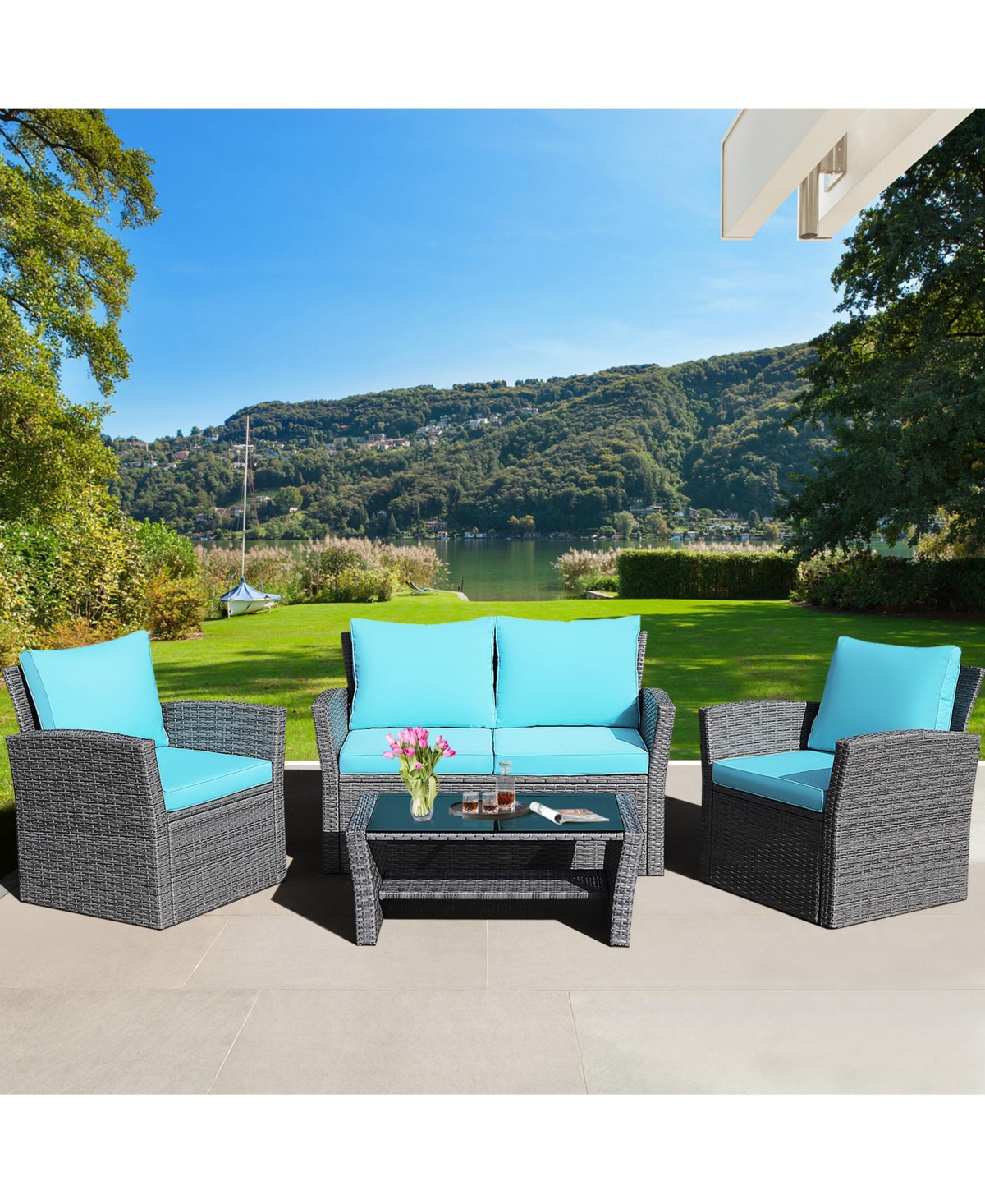 Gymax 4PCS Patio Rattan Conversation Set Outdoor Furniture Set w/ Turquoise Cushions