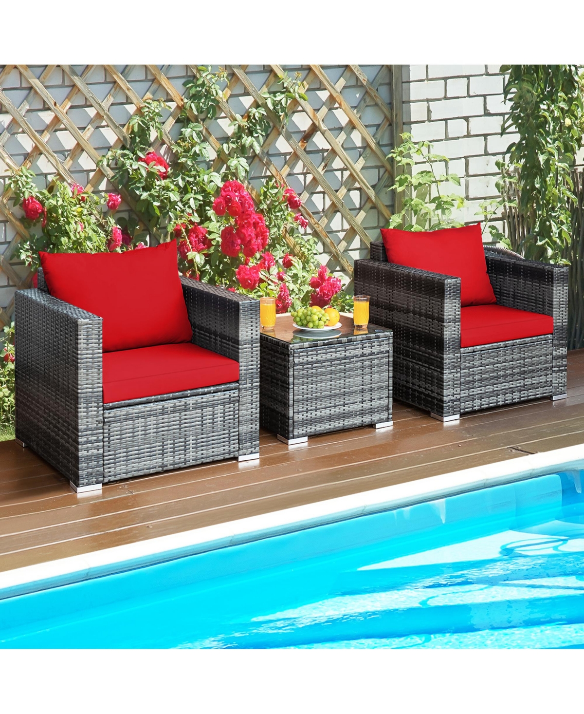 Gymax 3PCS Rattan Patio Conversation Furniture Set Outdoor Yard w/ Cushion