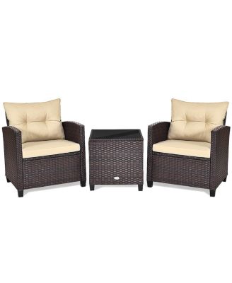 3PCS Patio Outdoor Rattan Conversation Set w/ Coffee Table Cushion