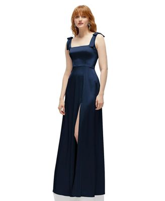Plus Size Square Neck Fluid Satin Maxi Dress with Bow Straps