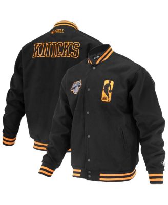 FISLL - Men's and Women's Black New York Knicks Logo Man Shadow Collection Full-Snap Varsity Jacket