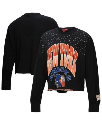 Mitchell & Ness - Women's Black New York Knicks Hardwood Classics Studded Boxy Cropped Long Sleeve T-Shirt