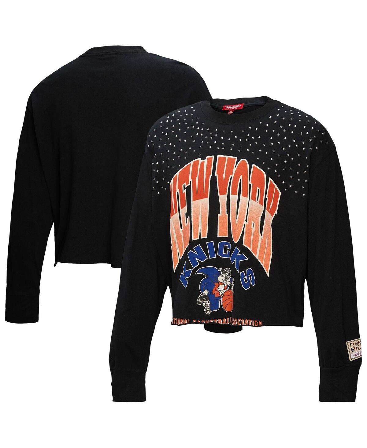 Women's Black New York Knicks Hardwood Classics Studded Boxy Cropped Long Sleeve T-Shirt - Black