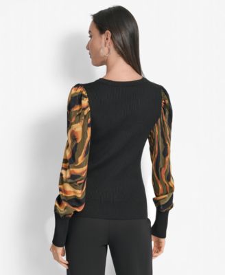Women's V-Neck Rib-Knit Satin-Long-Sleeve