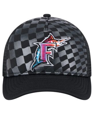 Men's Black Florida Marlins Cooperstown Collection Gradient 9FORTY A-Frame M-Crown Trucker Adjustable Hat