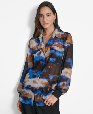 Women's Printed Button-Front Long-Sleeve Shirt