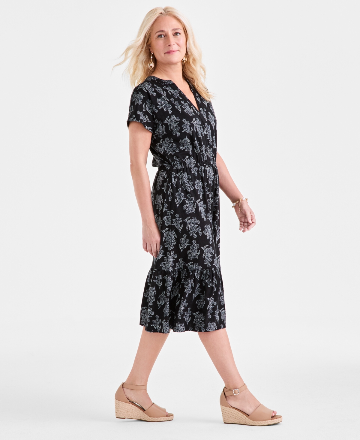 Style & Co Petite Floral-print Midi Dress, Exclusively At Macy's In Black