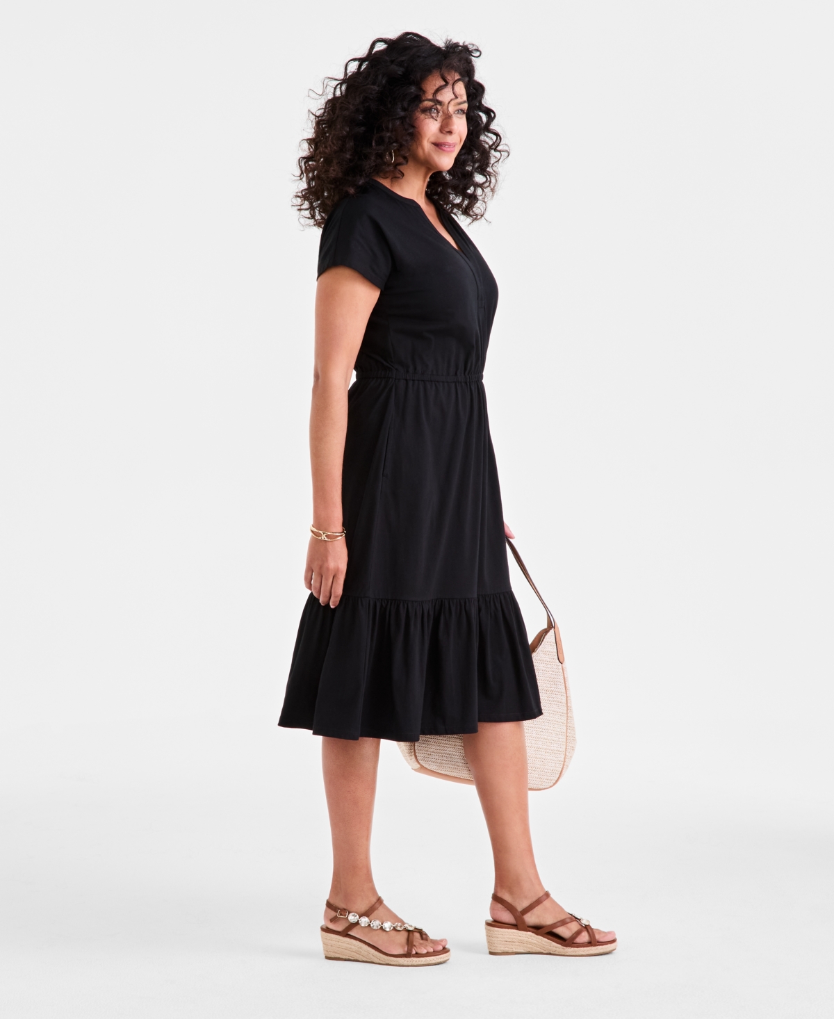 Style & Co Women's Printed Short-sleeve Tiered Dress, Exclusively At Macy's In Black
