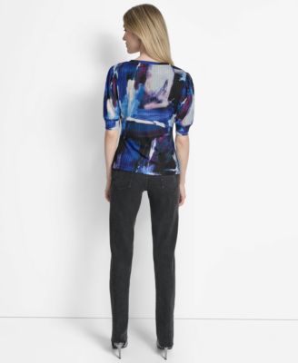 Women's Printed Puff-Sleeve Ruched Top