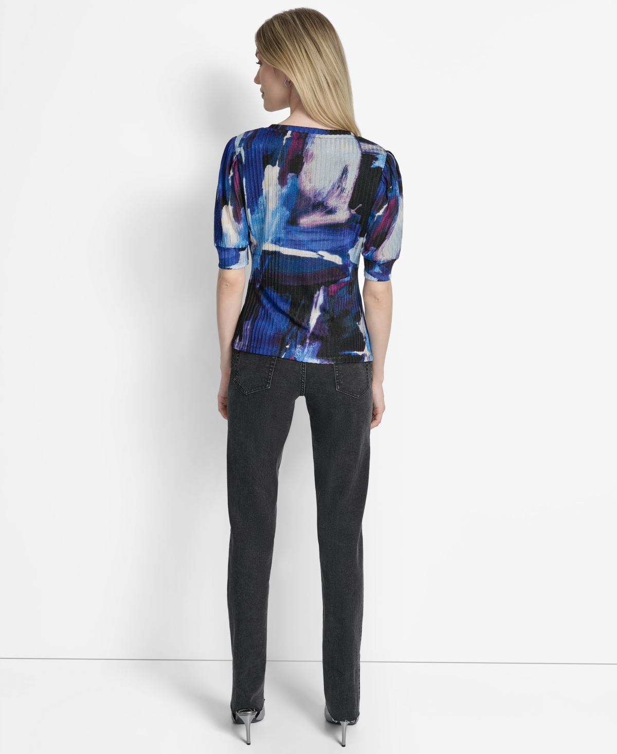 Dkny Print Ruched Puff Sleeve Top