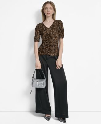 Womens Printed Puff Sleeve Ruched Top Glazed High Rise Seamed Cuff Wide Leg Pants