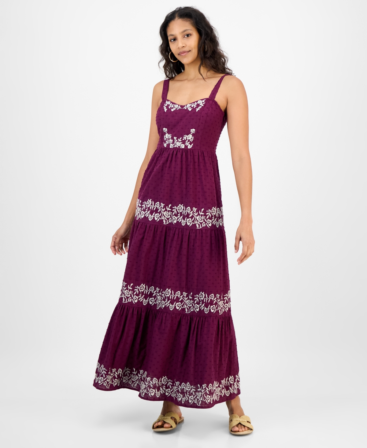 Women's Embroidered Cotton Maxi Dress, Exclusively at Macy's - Deep Cranberry