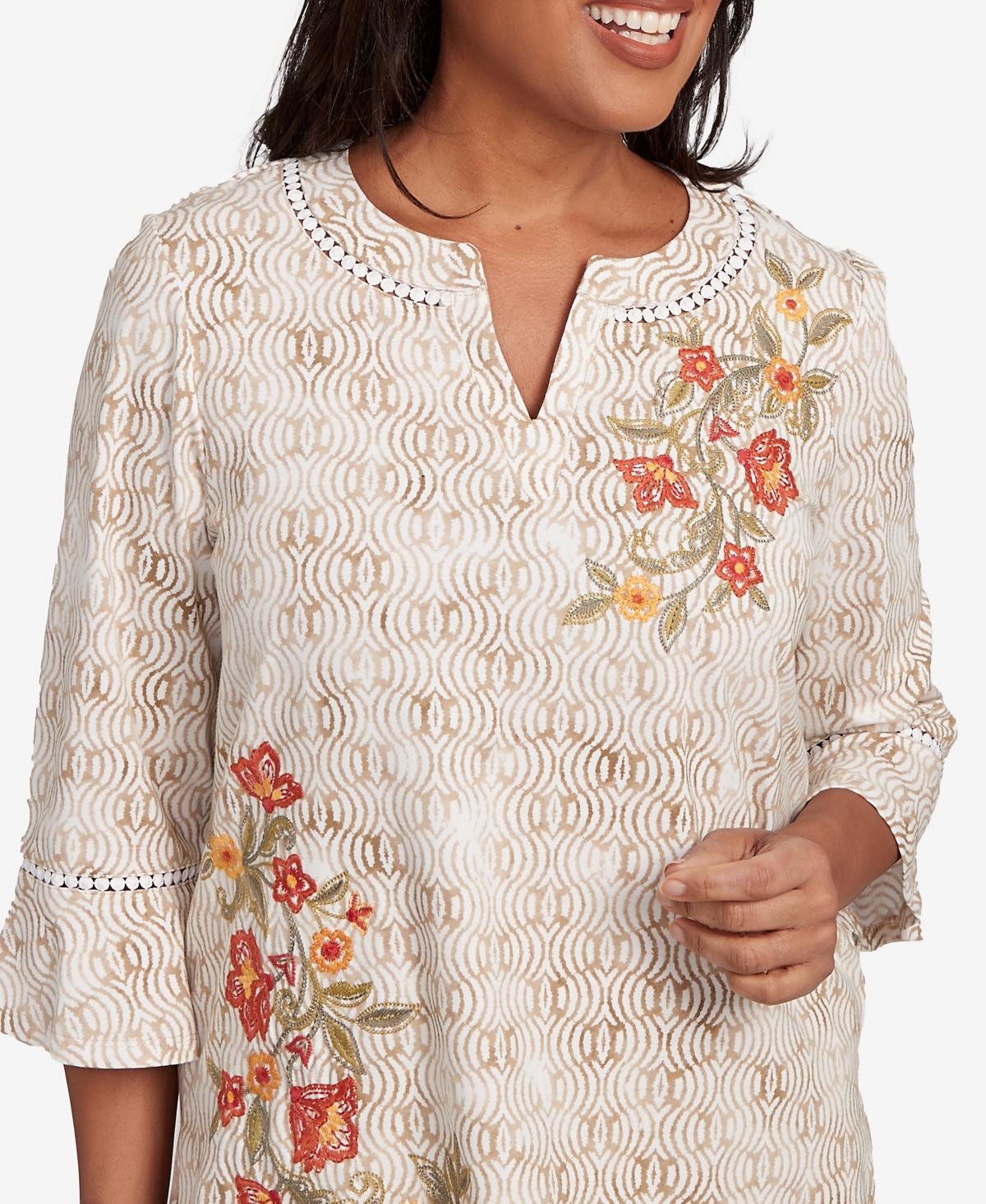 Alfred Dunner Petite Copper Canyon Printed Floral Bell Sleeve Embroidered Top In Nude
