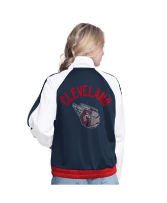 Women's&nbsp;White/Navy Cleveland Guardians Rally Rhinestone Raglan Full-Zip Track Jacket