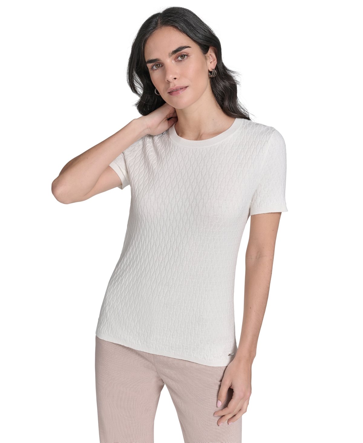 Petite Crewneck Textured Knit Sweater - Cream