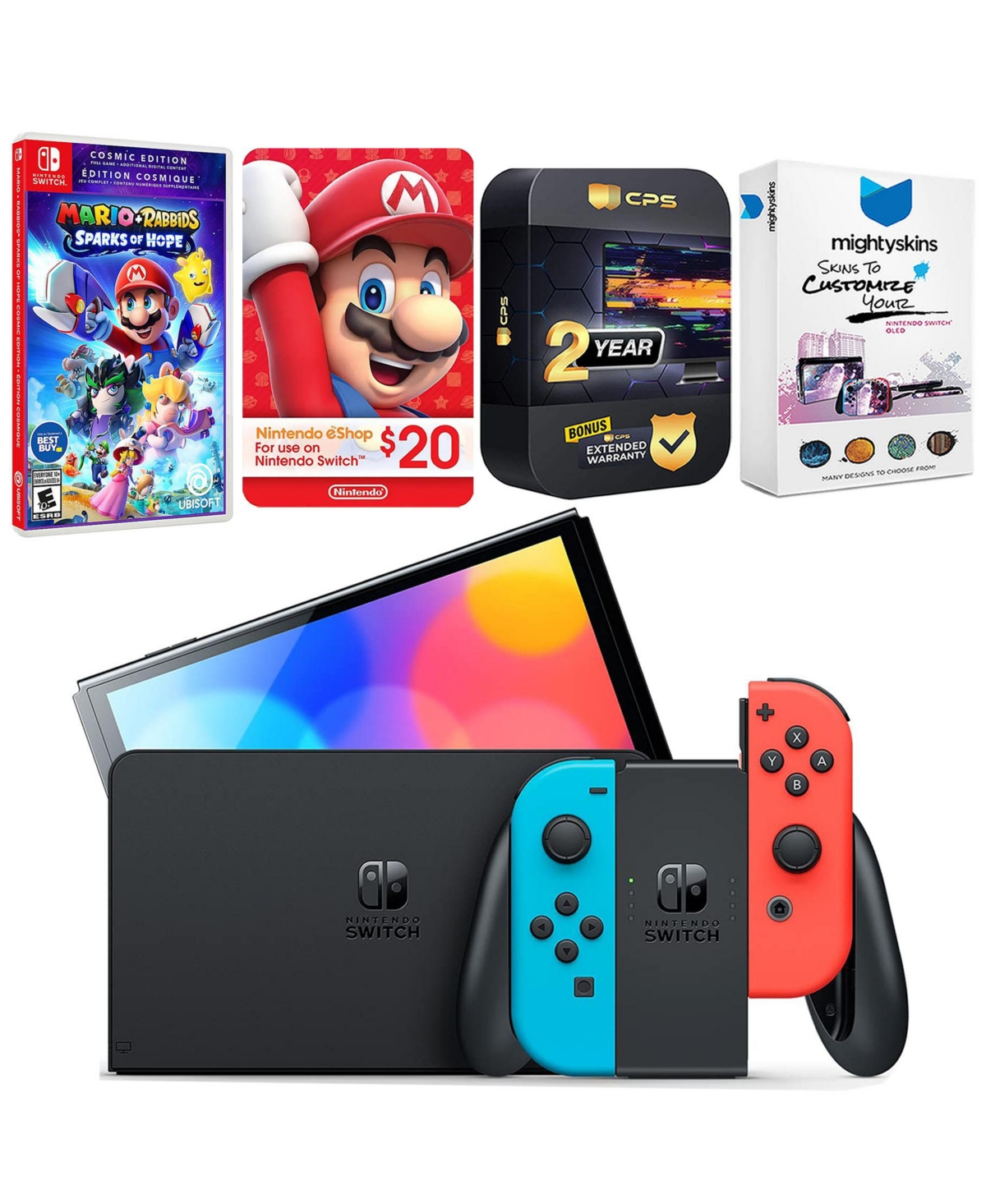 Nintendo Switch Neon Red & Blue Oled Console with Mario + Rabbids Sparks of Hope Cosmic Edition, Nintendo $20 eShop Gift Card