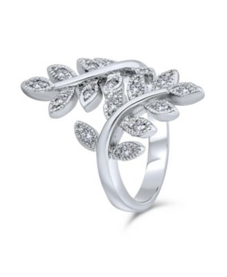 Nature Ivy Vine Leaf Cocktail Statement Ring with Cubic Zirconia Pave CZ Silver Plated