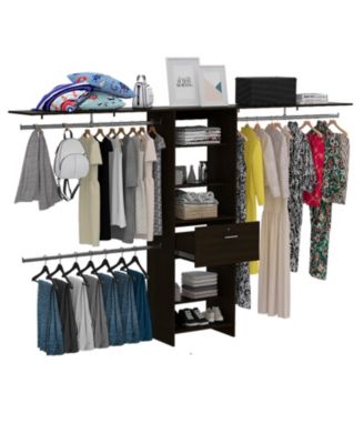 Zamora 70"W - 118"W Closet System, Three Hanging Rods, Five Shelves, One Drawer, Black