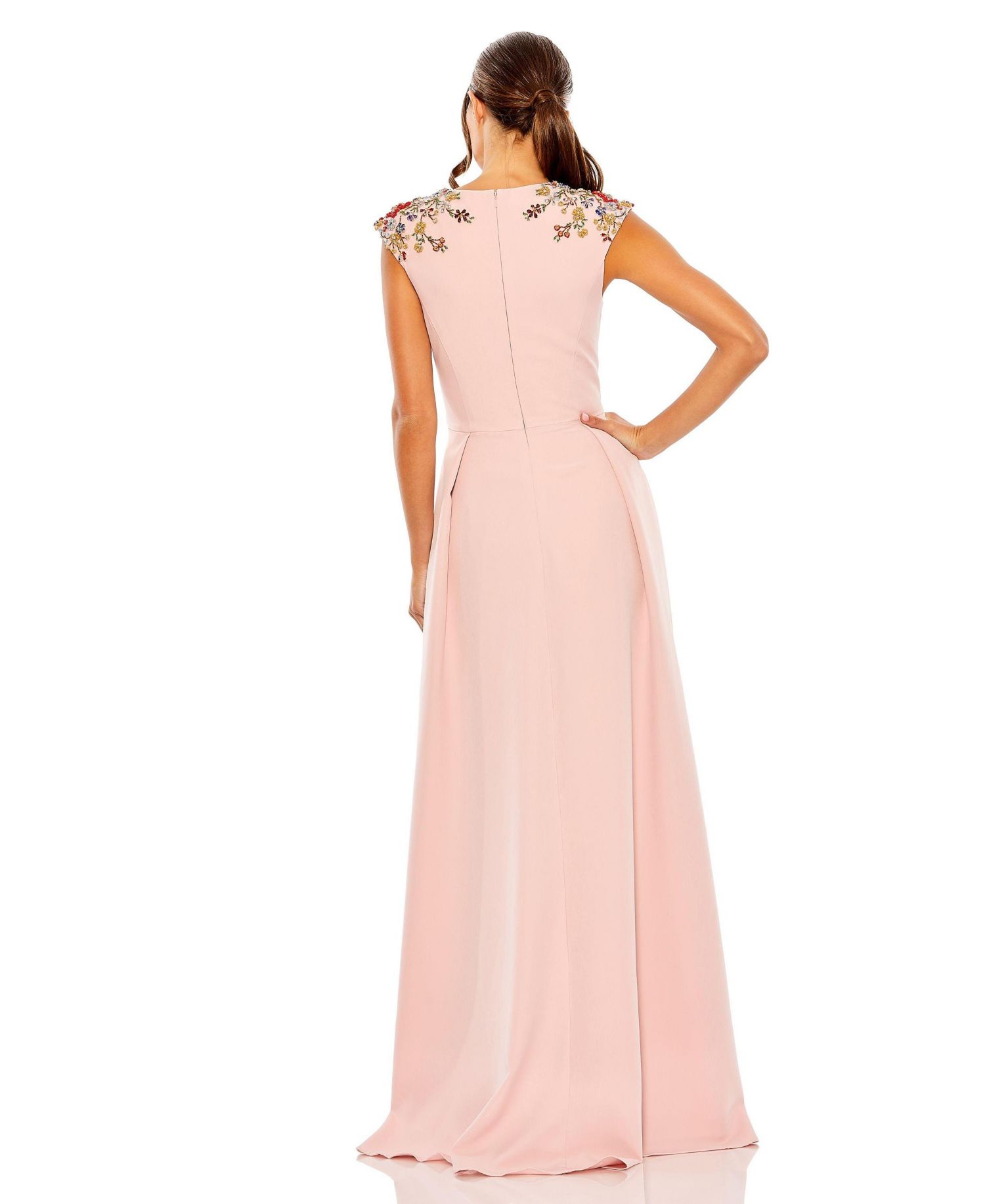 Women's Beaded Cap Sleeve V Neck A Line Gown