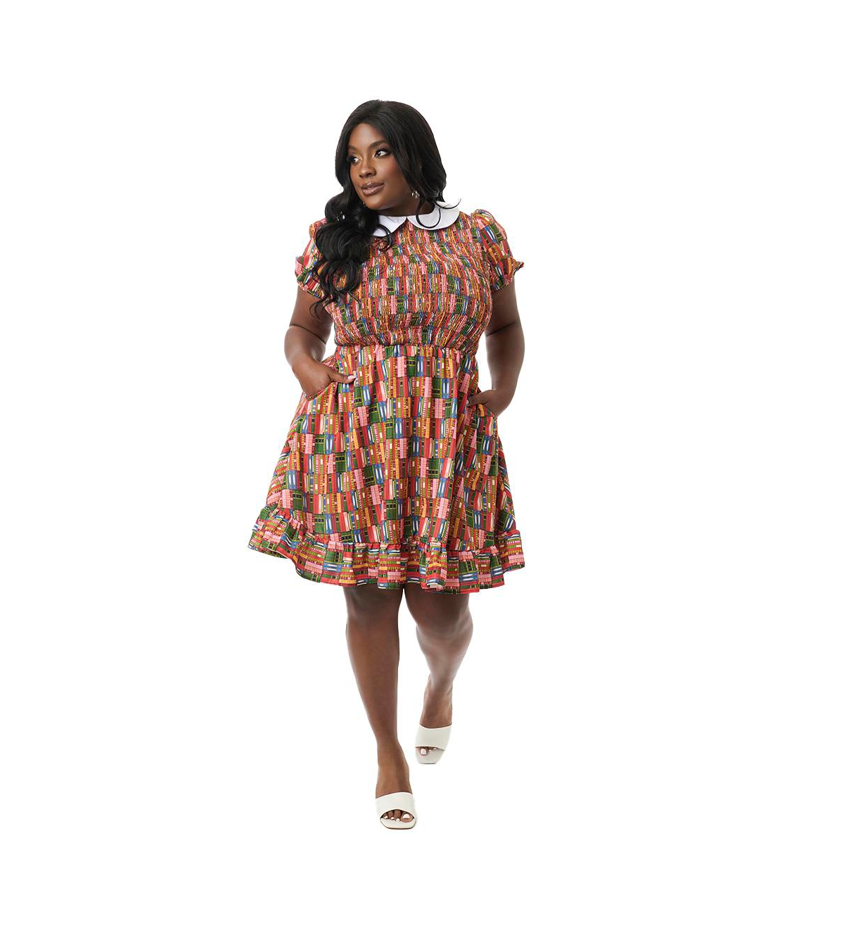 Unique Vintage Plus Size 1960s Smocked Fit & Flare Dress With Collar - Library shelf print