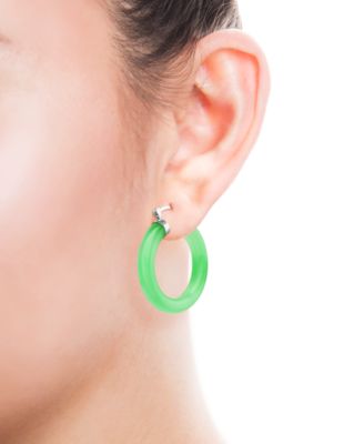 Dyed Green Jade Polished Cap Small Hoop Earrings in Sterling Silver, 1"