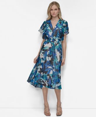 DKNY - Women's V-Neck Smocked-Waist Flutter-Sleeve Dress