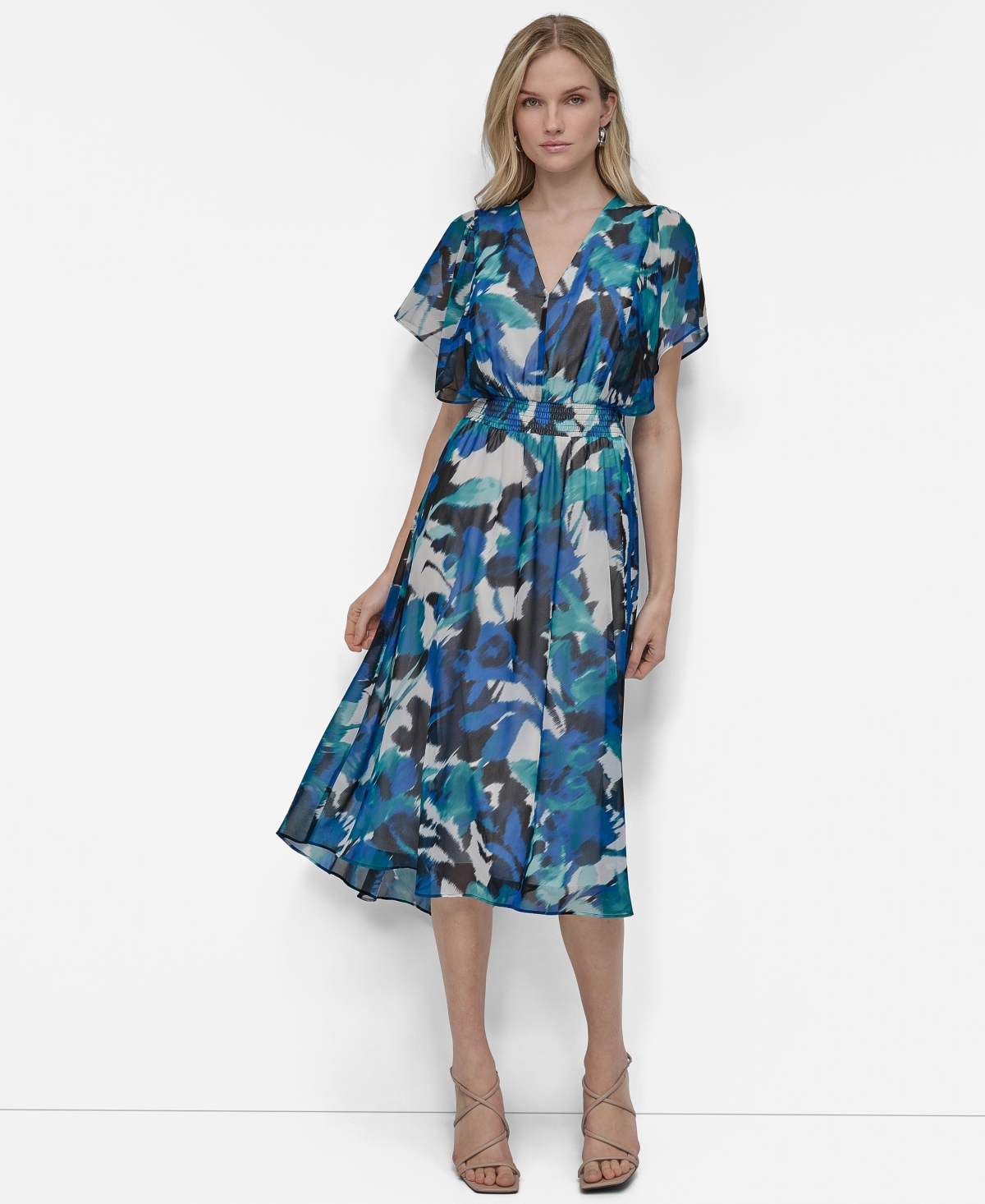 Women's V-Neck Smocked-Waist Flutter-Sleeve Midi Dress - Ivory Multi